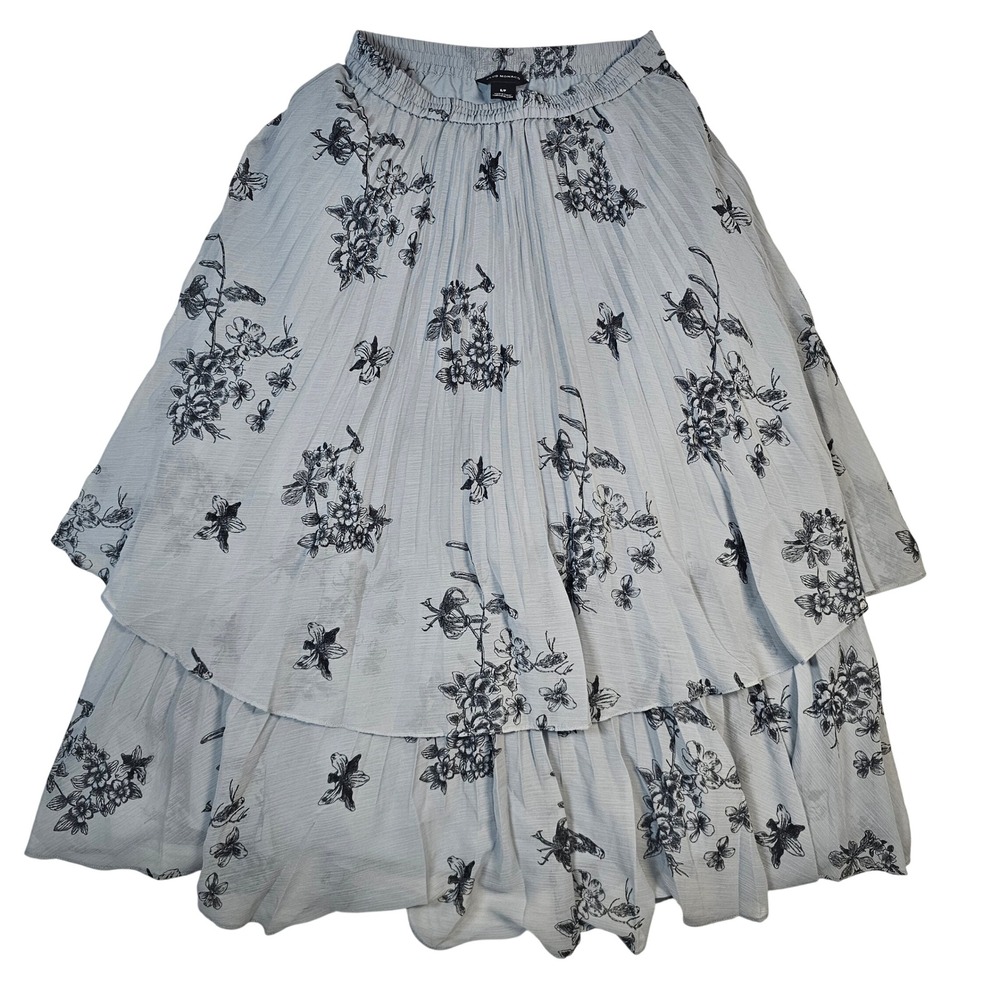 Club Monaco Floral Pleated Tiered Midi Skirt Blue Grey Black Small S/P